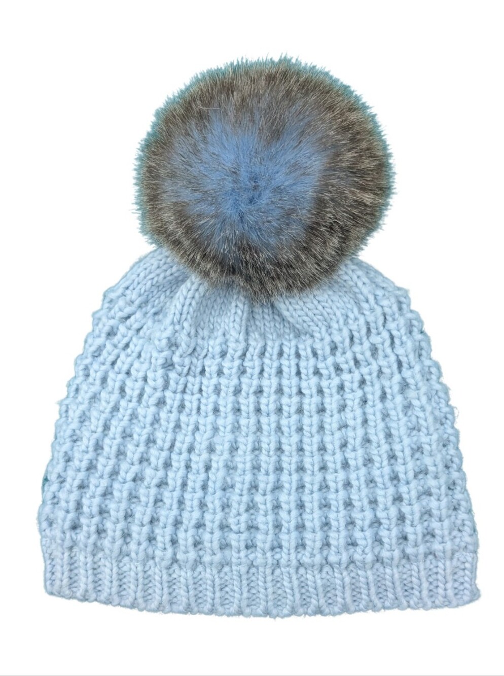 Kyi Kyi Canada Ice Blue Chunky Knit Winter Beanie Faux Fur Pom Pom OS